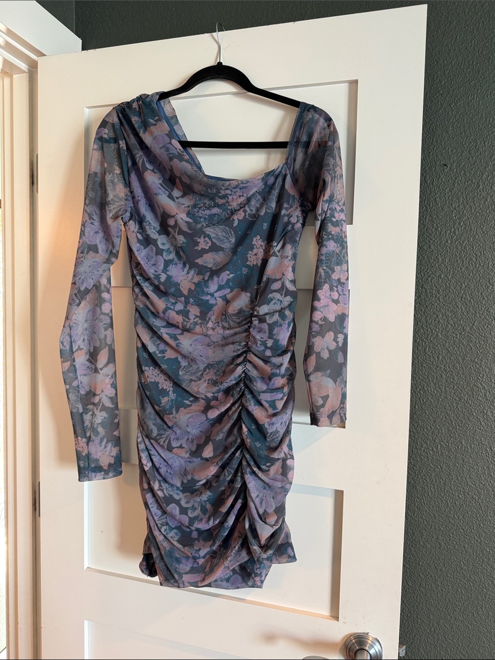Free People Floral Ruched Long-Sleeve Dress in Dusty Blue and Mauve